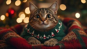 A tabby cat in a green ugly sweater with Christmas tree patterns lies on a plaid blanket. Christmas Jumper Day photo