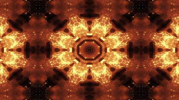 A symmetrical, fiery kaleidoscopic pattern with star-like shapes and a dark background. video