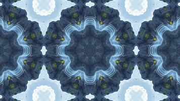A kaleidoscopic view of buildings, trees, and sky, creating a symmetrical artistic pattern. video