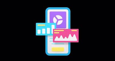 Business analyzing statistic report monitoring smartphone application 3d icon animation with alpha channel. Web dashboard control brainstorming result checking graph diagram chart mobile phone app video