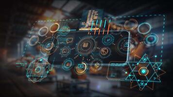 Futuristic smartphone monitoring data in a smart factory setting video
