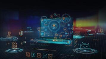 Holographic screen displaying business analysis charts and data points video