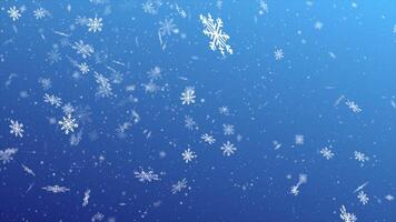 Falling snowflake on light blue background. Winter Falling snow effect Template for Christmas and New Year. 3D animation of falling flakes. 60 fps, 4k. video