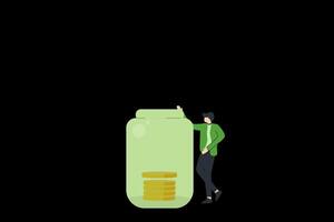 Young man investment A tree grows on a coin in a glass jar, Money saving concept. 4k animation with alpha channel. video