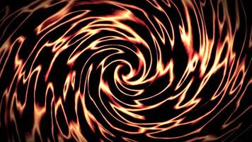Fire colored swirl background with abstract vortex made of bright floating shapes. Liquid lines twirl animation with glow effect for modern art, digital technology and science fiction. 4K 60fps video