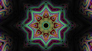 Abstract psychedelic mandala made of colorful trippy patterns with morphing lines on a dark background. Acid colored kaleidoscope for trance music festival or art performance. Motion design , 4K 30fps video