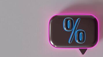 Neon-style 3D percentage symbol on glossy black speech bubble with pink and blue glowing edges. Modern eye-catching design ideal for sales, promotions and advertising materials with futuristic touch. video