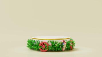 3d cylinder stage podium empty on wheels spinning around with wreath pine leaves, candy cane, lantern garlands isolated on beige background. merry christmas, festive New Year, 3d render video