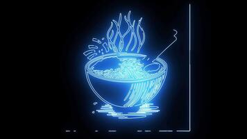icon of a bowl of ramen with a neon effect that lights up blue video