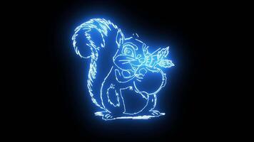 icon of a squirrel eating an apple with a neon effect that lights up blue video