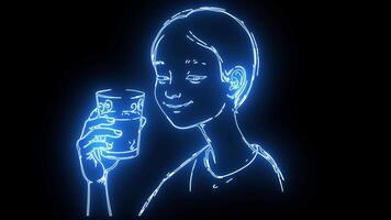 icon for drinking from a glass with a neon effect that lights up blue video