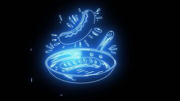 icon for frying sausages with a neon effect that lights up blue video