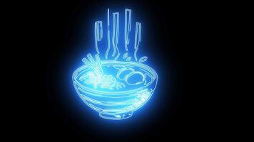 icon of a bowl of ramen with a neon effect that lights up blue video