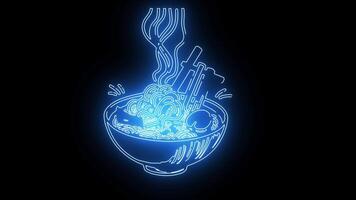 icon of a bowl of ramen with a neon effect that lights up blue video