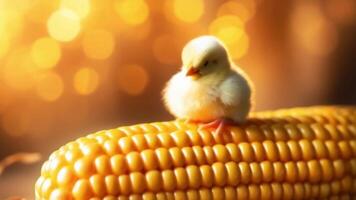 Animation with tiny miniature chick on corn cob video