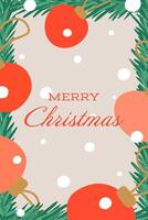 Christmas greeting card with a festive design featuring red and pink ornaments, green pine branches, and scattered snowflakes. Elegant red typography Merry Christmas on a beige background vector