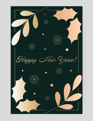 New Year greeting card with Happy New Year text. Dark green background adorned with golden holly leaves, decorative branches, snowflakes, and dots. Elegant, festive, seasonal winter holiday design