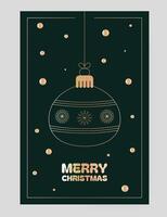 Christmas greeting card with Merry Christmas text. Green background featuring a golden ornament ball with snowflake patterns and decorative dots. Elegant, festive, seasonal, winter holiday design. vector