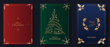 Christmas and New Year greeting card set. Blue, red, and green backgrounds feature gold accents, including snowflakes, pine branches forming a tree, and holly wreaths vector