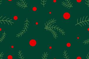 Seamless holiday pattern with minimalistic pine branches and bold red ornaments on a deep green background. A simple and elegant design perfect for wrapping paper, fabric, or festive decorations. vector