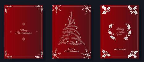 Christmas and New Year greeting card set. Red backgrounds with gold accents, including snowflakes, pine branches forming a tree, holly leaves, and berries. Features Merry Christmas, Happy New Year vector