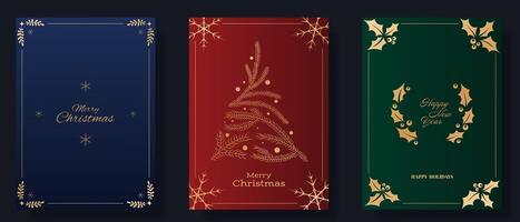 Christmas and New Year greeting card set. Blue, red, and green backgrounds feature gold accents, including snowflakes, pine branches forming a tree, and holly wreaths vector