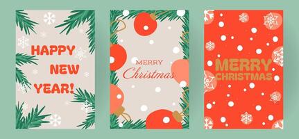 Christmas and New Year greeting card set. Festive design with pine branches, ornaments, snowflakes, and bold typography. Warm holiday messages Merry Christmas Happy New Year, cheerful colors vector