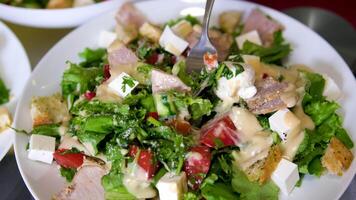 Eating Caesar salad with fork. Healthy salad made of chicken fillet, lettuce, tomatoes, quail eggs, croutons, parmesan cheese in a plate video