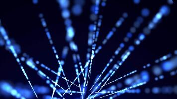 Abstract digital background with glowing neon particles flying upward. movement of a stream of glowing bright lines of particles. Seamless loop abstract video
