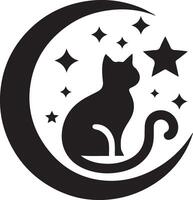 A black and white cat sitting on the moon with stars vector