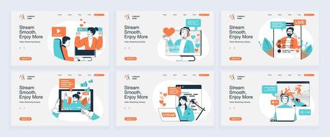 streaming concept of landing page with slide templates set in flat design. Website headers with people watching blogger live translation or , record content in blogs. illustrations. vector