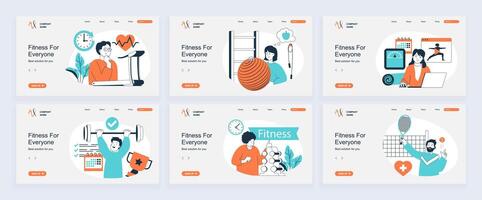 Fitness concept of landing page with slide templates set in flat design. Website headers with people train at treadmill, exercising with gym ball, lose weight, lifting barbell. illustrations. vector