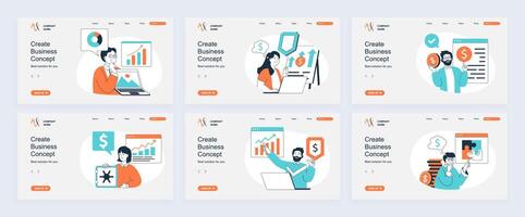 Business concept of landing page with slide templates set in flat design. Website headers with people brainstorming, make analysis, creating strategy, achieving financial goals. illustrations. vector