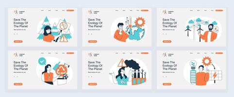 Ecology concept of landing page with slide templates set in flat design. Website headers with people stop forest fires, climate changes with warming, using alternative energy. illustrations. vector