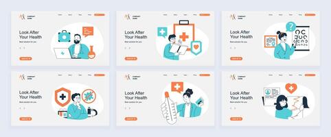 Medical services concept of landing page with slide templates set in flat design. Website headers with people check and diagnosis patients, prescribe treatment, research viruses. illustrations. vector