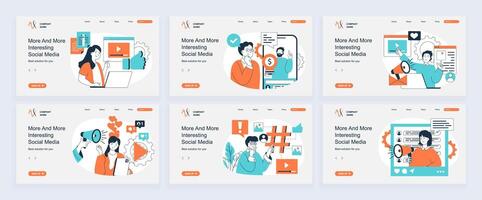 Social media concept of landing page with slide templates set in flat design. Website headers with people watching videos and likes, follow live broadcasting, sharing posts. illustrations. vector