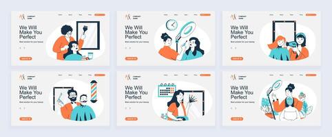 Beauty salon concept of landing page with slide templates set in flat design. Website headers with people doing haircut or hairstyle, get face cream, beard shaving in barbershop. illustrations. vector