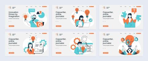 Creative business concept of landing page with slide templates set in flat design. Website headers with people thinking, finding best solutions, brainstorming, develop company. illustrations. vector