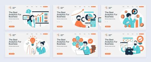 Business analytics concept of landing page with slide templates set in flat design. Website headers with people analyzing data graphs, monitoring, calculating financial report. illustrations. vector