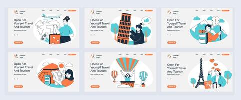 Travel and tourism concept of landing page with slide templates set in flat design. Website headers with people flying in trip, visit country sightseeing, hiking and camping. illustrations. vector