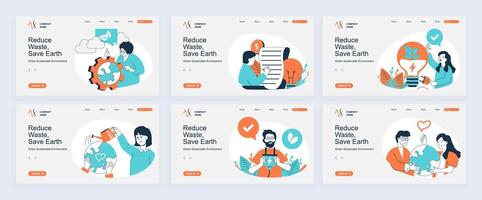 Green sustainable environment concept of landing page with slide templates set in flat design. Website headers with people take care of nature, using clean alternative resource. illustrations. vector