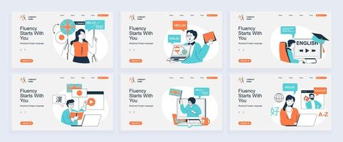 Studying foreign language concept of landing page with slide templates set in flat design. Website headers with people learning english, spanish, japanese at online courses. illustrations. vector