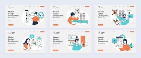 Design development concept of landing page with slide templates set in flat design. Website headers with people create interface layout, select colors and fonts for homepage. illustrations. vector