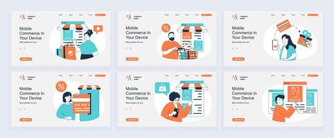 Mobile commerce concept of landing page with slide templates set in flat design. Website headers with people making purchases using app, paying online orders with credit cards. illustrations. vector