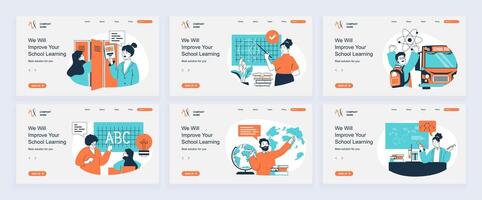 School learning concept of landing page with slide templates set in flat design. Website headers with people studying and teaching, classmate reading books, answering at lessons. illustrations. vector