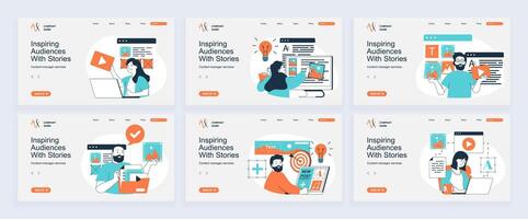 Content manager concept of landing page with slide templates set in flat design. Website headers with people filling sites with images, writing articles, making online posts. illustrations. vector