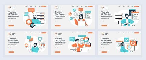 System administrator concept of landing page with slide templates set in flat design. Website headers with people monitoring server racks, do maintenance and technical repair. illustrations. vector