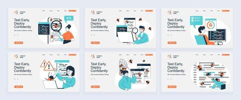 Software testing concept of landing page with slide templates set in flat design. Website headers with people find and fixing bugs in program code, do quality assurance analysis. illustrations. vector