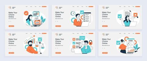Online voting concept of landing page with slide templates set in flat design. Website headers with people make choose in political vote online and analyzing politics rating. illustrations. vector