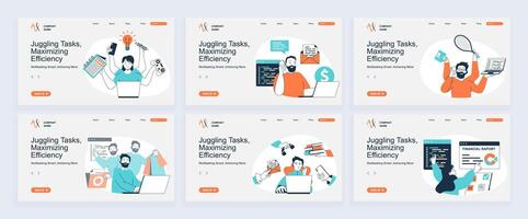 Multitasking concept of landing page with slide templates set in flat design. Website headers with people calling, working, earning money and doing tasks in same time in office. illustrations. vector